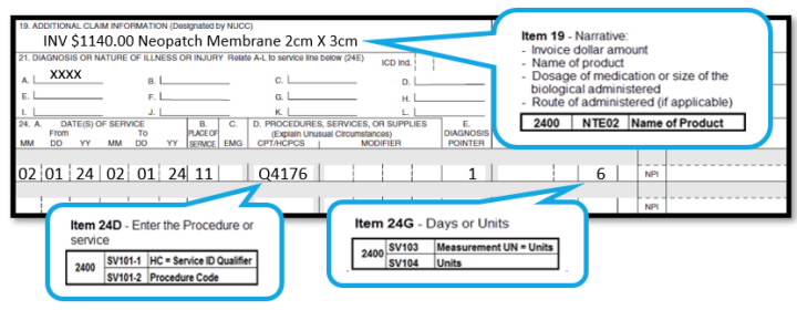 Image of a CMS 1500 claim form illustrating block 19 completed with INV $1140.00 Neopatch Membrane 2cm X 3 cm, date of service of February 1, 2024, procedure code Q4176 and units of 6. 