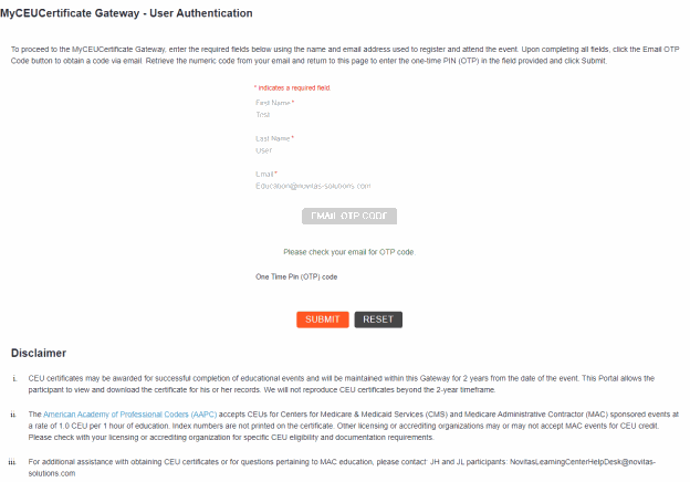 MyCEUCertification Gateway user authentication