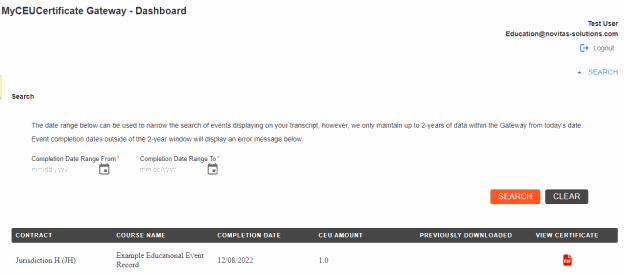 MyCEUCertification Gateway dashboard