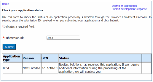 This is a screenshot of the check your application status in the Provider Enrollment Gateway.