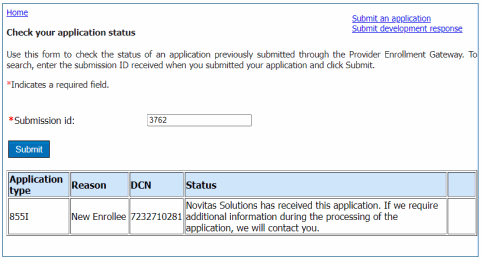 This is a screenshot of the check your application status in the Provider Enrollment Gateway.