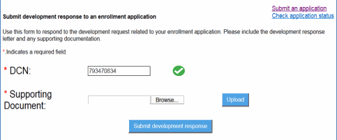 image of screen submit development response to an enrollment application