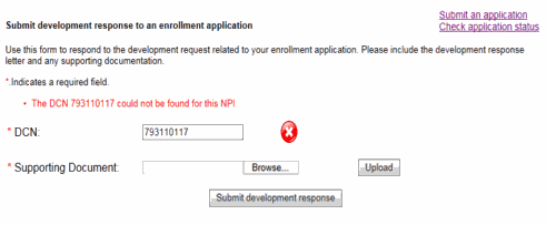 image of screen submit development response to an enrollment application