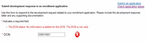 image of screen submit development response to an enrollment application