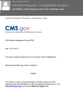image of email with verification code