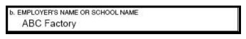 Picture of Item 11b-Employer's name or school name on the claim form.