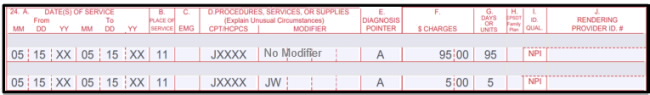 Image of CMS-1500 claim form showing how to complete Items 24A through 24J for this example 