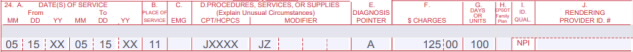 Image of CMS-1500 claim form showing how to complete Items 24A through 24J for this example 