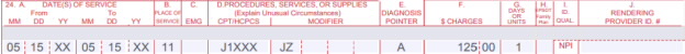 Image of CMS-1500 claim form showing how to complete Items 24A through 24J for this example 