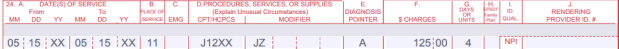 Image of CMS-1500 claim form showing how to complete Items 24A through 24J for this example 